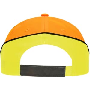 A vibrant cap featuring orange and yellow colours, with a black trim and a rear adjustable strap.