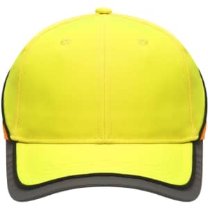 A bright yellow cap with orange and black accents, featuring a structured design and a curved brim.