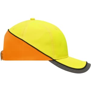 A cap featuring bright yellow and orange panels with a grey brim and a logo on the side.