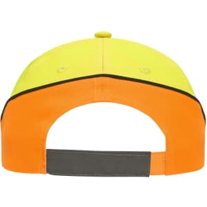 A cap featuring a bright yellow and orange colour scheme with a grey strap and logo on the back.