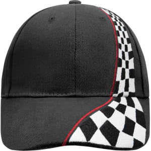 A black racing cap featuring a checkered pattern and a red accent along the side, with a logo present.