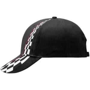 A black racing cap featuring a checkered pattern along the side and a curved visor. It has a logo on the front.