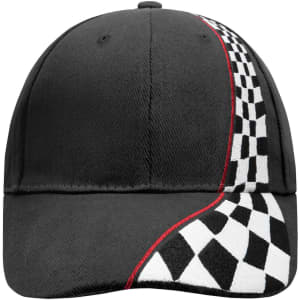 A black racing cap featuring a checkered flag design and a red accent along the side. It has a logo on the front.