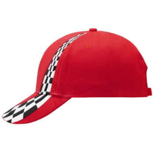 A red racing cap with a checkered pattern along the side and a curved brim. It features a logo on the front.