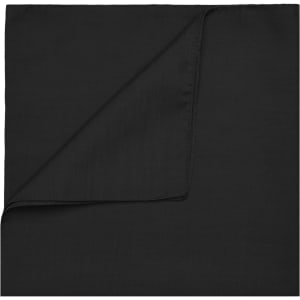 A black bandana with a smooth texture, featuring a folded corner. It has a simple design and a logo on one side.