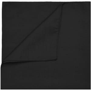 A black bandana made of fabric with a neatly folded corner. It features a logo.