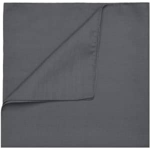 A grey bandana with a smooth texture, featuring a fold in one corner. It has a branding logo present.
