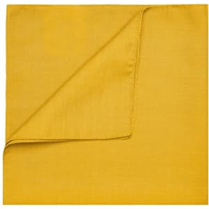 A mustard yellow bandana with a folded edge, featuring a plain design without any visible logos.