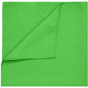A bright green bandana with a smooth finish, featuring a folded corner. It has a simple design and no visible logos.