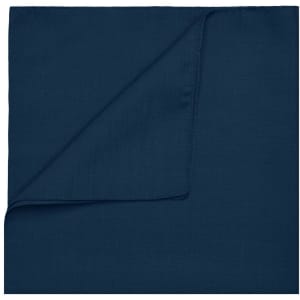 A navy blue bandana with a folded edge and a plain design. It features a logo in one corner.