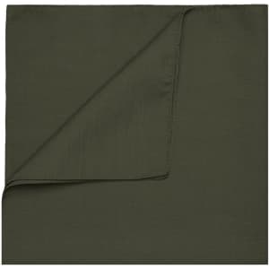 A dark green bandana with a smooth texture and a folded corner, featuring a branding logo.