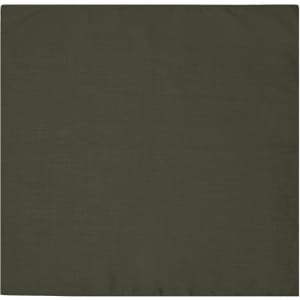 An olive green bandana featuring a plain design and a logo in one corner.