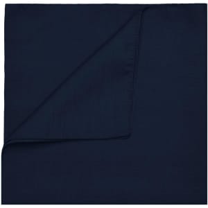A navy blue bandana with a folded corner, featuring a logo on the surface.