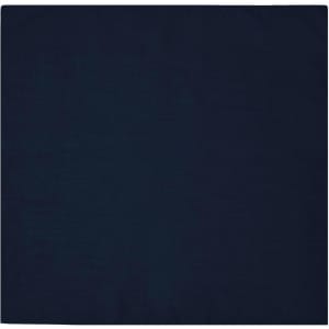 A navy blue bandana, square in shape, featuring a simple design and a logo in one corner.