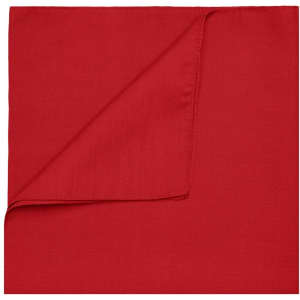 A red bandana with a folded corner, featuring a simple design and a logo.
