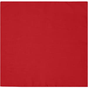 A red bandana with a square shape, featuring a logo. Suitable for headwear.
