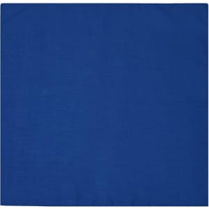 A blue bandana featuring a plain design, suitable for headwear with a simple logo present.