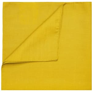 A yellow bandana with a smooth texture, featuring one folded corner and a subtle sheen. It includes a logo.