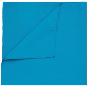 A turquoise bandana featuring a plain design, folded at one corner. It has a branding logo.