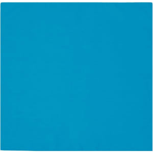 A bright blue bandana featuring a simple design and a logo in the corner. Ideal as headwear or an accessory.