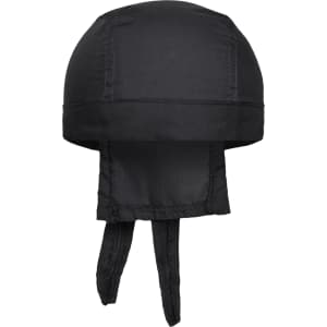 A black bandana hat with a rounded top and two long ties at the back. The hat features a simple design and branding.