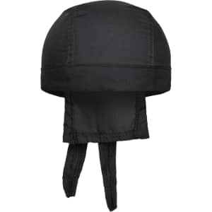 A black bandana hat with a smooth finish and ties at the back. It features a logo.