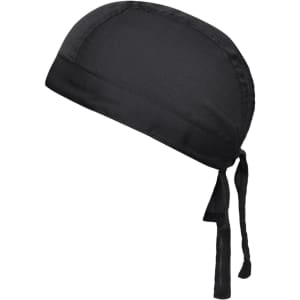 A black bandana hat with a tied back design and a smooth finish. It includes a brand logo.
