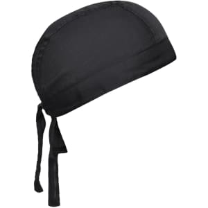 A black bandana hat with a tied design, featuring a smooth fabric and a contoured shape.