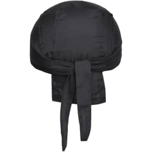 A black bandana hat with a tied back and stitched detailing, featuring a logo on the design.