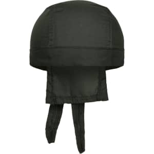 A dark green bandana hat with ties at the back and a smooth fabric finish. It features a branding logo.