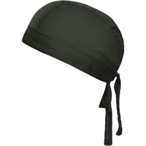 A black bandana hat with a tied back design, featuring a smooth fabric and subtle logo.