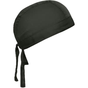A black bandana hat with ties at the back, featuring a smooth, rounded design and a simple branding logo.