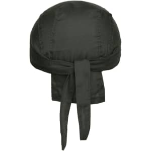 A dark green bandana hat with a tied back design, made from a smooth fabric. It features a logo on the side.