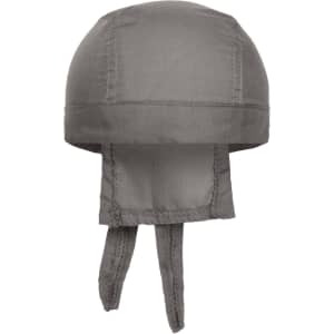 A grey bandana hat featuring a rounded top and two ties at the back. It has a simple design and no visible branding.