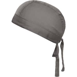 A grey bandana hat with a tied back design and a smooth finish. It features a branding logo on the side.