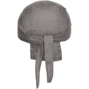 A grey bandana hat with a tied back design, featuring a simple fabric texture and an attached logo.