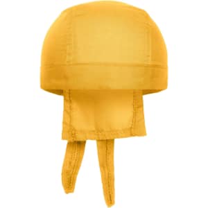A yellow bandana hat with ties at the back and a smooth, rounded top, featuring a logo on the front.