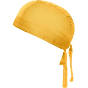 A yellow bandana hat with a smooth finish and ties at the back. It features a logo on one side.