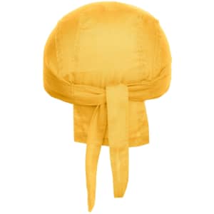 A yellow bandana hat with a tie at the back and a smooth texture. It features a logo on the side.