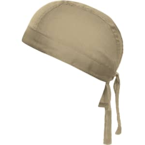 A tan bandana hat made of fabric with a tied back closure, featuring a simple design and a small logo.