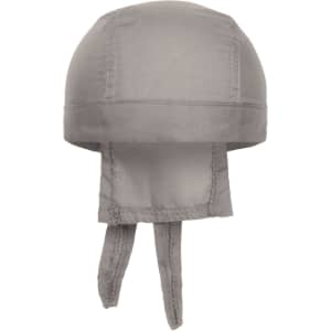 A grey bandana hat with a rounded top and two ties at the back. It features a logo.