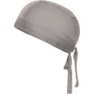 A grey bandana hat with a tied back and a smooth finish, featuring a small logo.