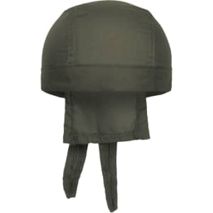 An olive green bandana hat with a rounded top and ties at the back, featuring a logo.