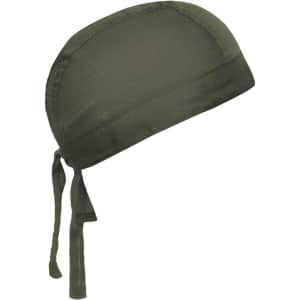 An olive green bandana hat with a tie closure at the back and a smooth fabric texture.