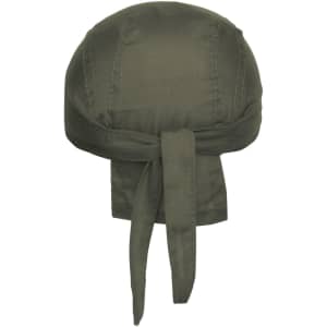 A dark green bandana hat with a tied-back design and stitched detailing. It features a logo.