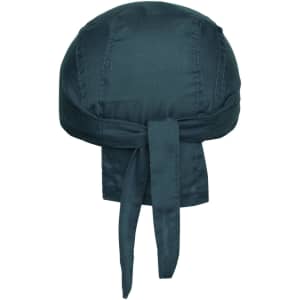 A green bandana hat with a tie at the back, featuring stitched detailing and a smooth fabric finish.
