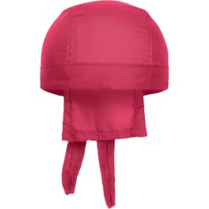 A pink bandana hat with ties at the back and a rounded top. It features a logo.