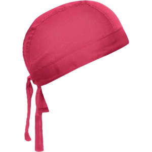 A pink bandana hat with ties at the back, designed for headwear. It features a simple, smooth fabric.