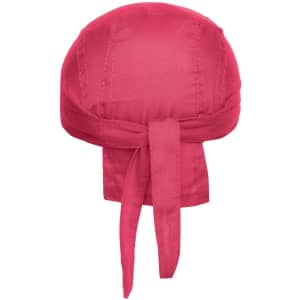 A vibrant pink bandana hat with a tied back. It features a simple design and has branding visible.