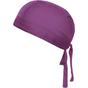 A purple bandana hat with a soft fabric, featuring ties at the back for secure wear. It includes a logo.